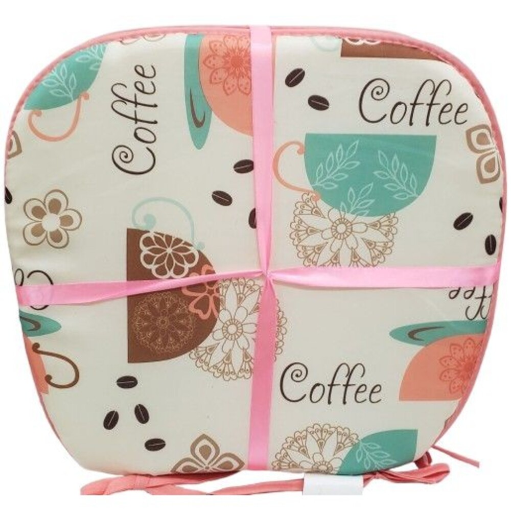 Set of 4 Cushion Chair Pads with pink ties (15"x15") COFFEE CUPS & BEANS # 1, BH
